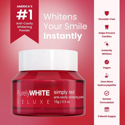 PurelyWHITE DELUXE, Updated Design Anti-Cavity Whitening Powder - Removes Stains, Flouride-Free, Nano Hydroxyapatite (nHA) Enamel-Safe Toothpaste Whitening Powder for Coffee, Tea, Food and Wine