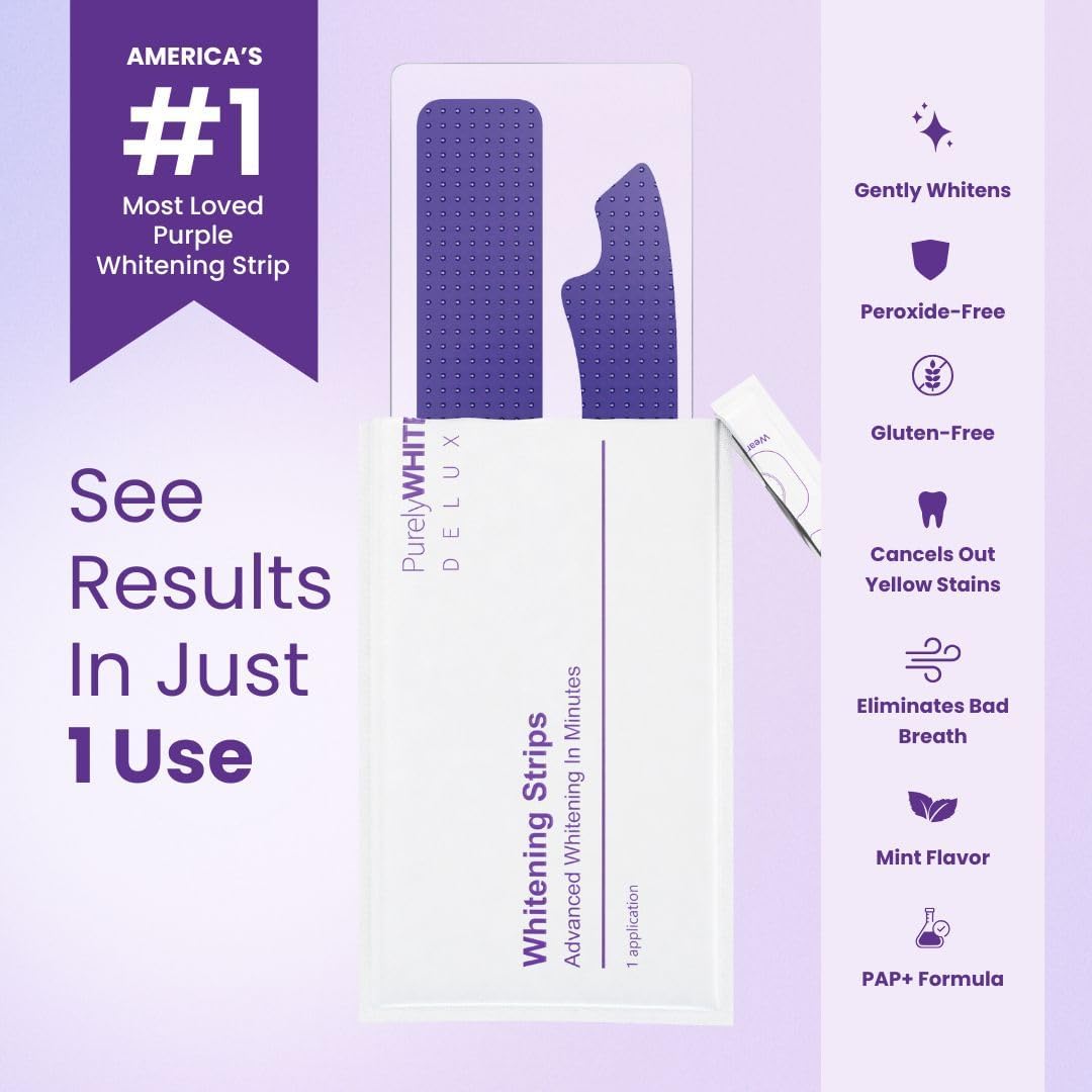PurelyWHITE | Purple Whitening Strips | Teeth Whitener, Peroxide-Free, Enamel Safe, Deep Stains Removal - Flouride-Free Teeth Whitening (28 Strips)