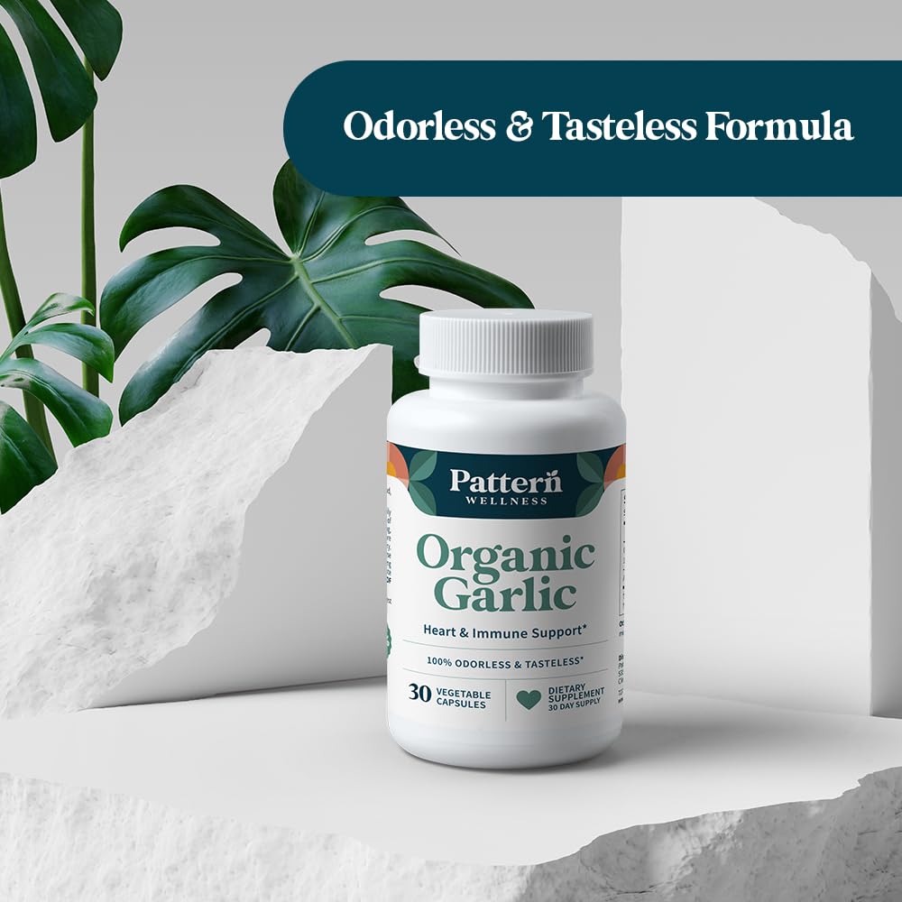 Pattern Wellness Odorless Organic Garlic Extract 20:1 with Allicin – Supports Circulatory & Immune Health – Non-GMO, Gluten Free, Vegan - 30 Capsules | 20:1 Garlic Extract with Allicin – Supports Circulatory & Immune Health – Non-GMO, Gluten Free & Vegan