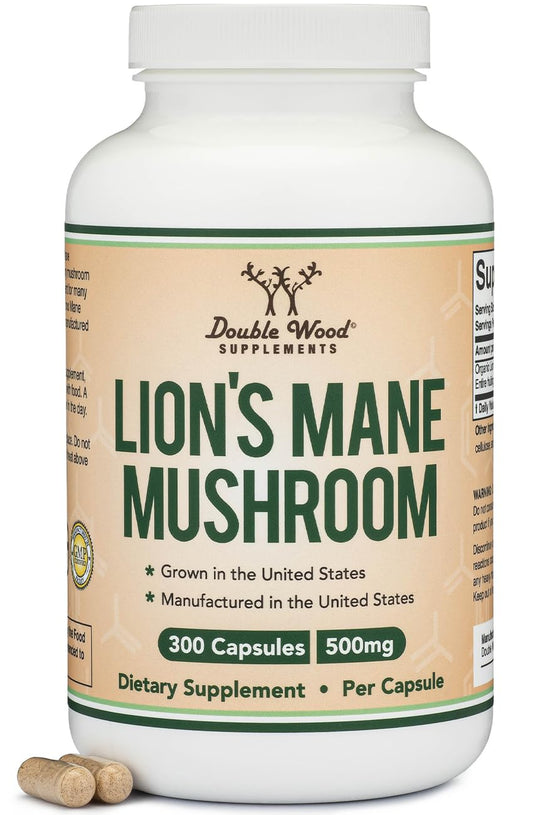 Organic Lions Mane Mushroom Capsules (120 Count), for Focus Support and Immune Health, Third Party Tested and Grown in The USA - by Double Wood