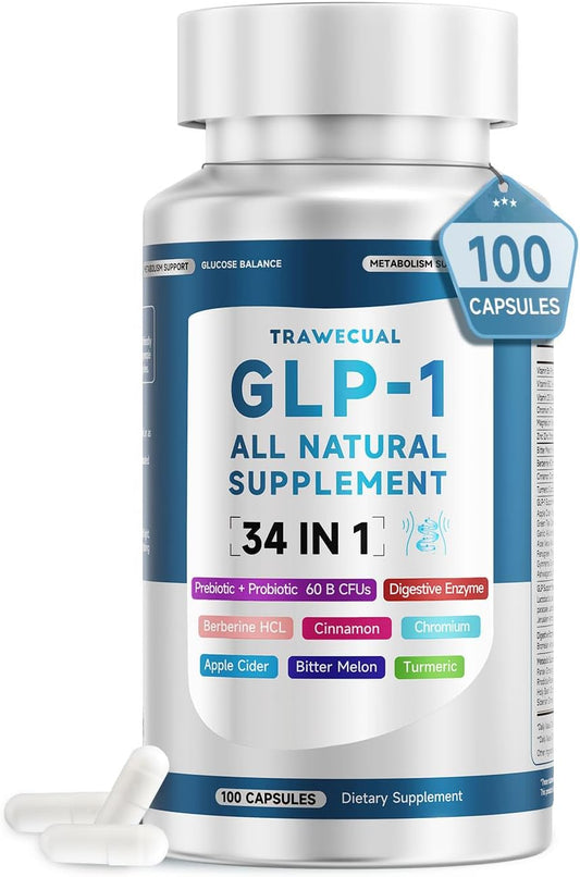 GLP-1 Supplement, 34-in-1 Formula to Support Healthy GLP1 Levels, digestion & Gut Health, with Berberine, Bitter Melon, Cinnamon, Turmeric, Probiotics, Prebiotics & Digestive Enzymes, 100 Capsules