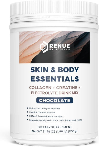 Renue By Science Skin & Body Essentials | Collagen Peptides Electrolytes Creatine & BCAA Powder | Collagen (12g) Creatine Monohydrate (4g) per Serving with Taurine & Glycine | Made in USA - Chocolate