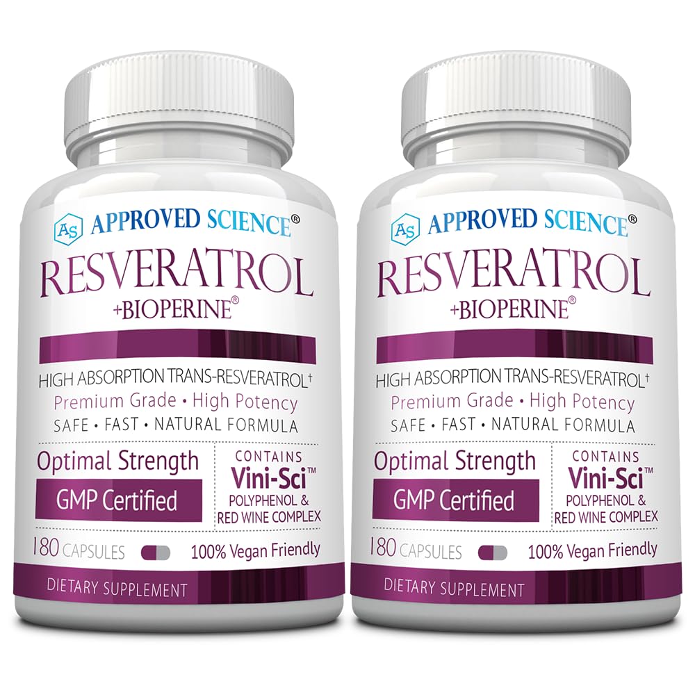 Approved Science® Resveratrol - 1000 mg of Trans Resveratrol - 250 mg of Polyphenol - 98% Purity Level - Includes Bioperine® - 60 Vegan Friendly Capsules - 1 Bottle