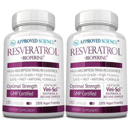 Approved Science® Resveratrol - 1000 mg of Trans Resveratrol - 250 mg of Polyphenol - 98% Purity Level - Includes Bioperine® - 60 Vegan Friendly Capsules - 1 Bottle