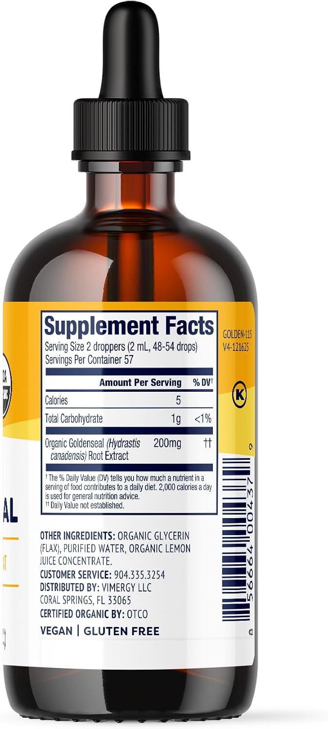 Vimergy USDA Organic Goldenseal Supplement – 57 2mL (2 Droppers or 48-54 Drops) Servings (200mg Extract Per Serving). Vegan, Alcohol-Free Golden Seal herb Drops Great for Tea (115 mL)