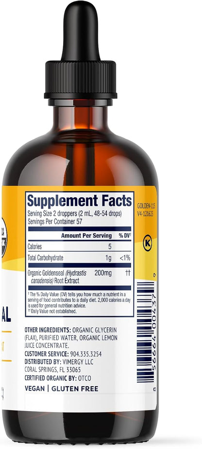 Vimergy USDA Organic Goldenseal Supplement – 57 2mL (2 Droppers or 48-54 Drops) Servings (200mg Extract Per Serving). Vegan, Alcohol-Free Golden Seal herb Drops Great for Tea (115 mL)
