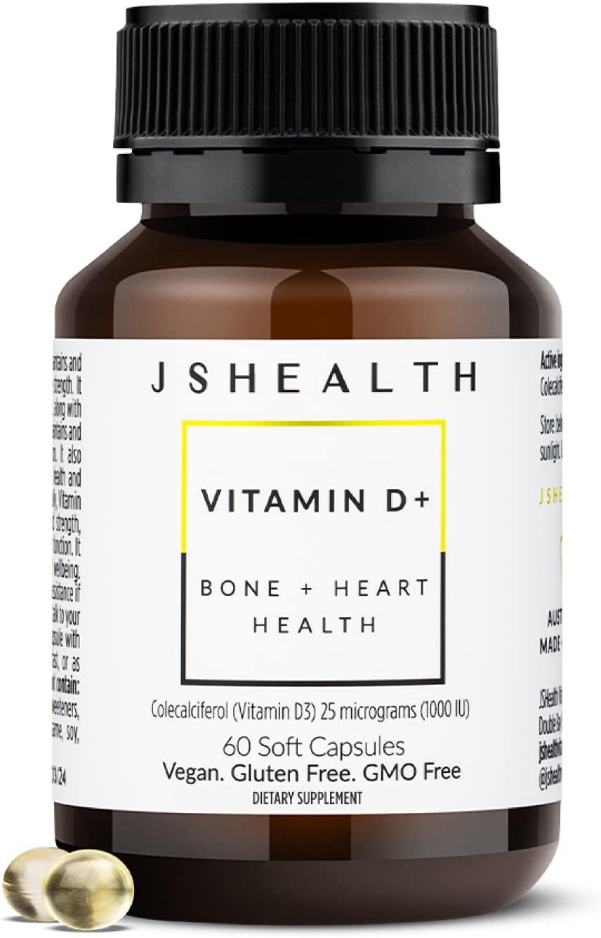 JSHealth Vitamin D3 1000IU Supplement. Vegan D3 Vitamins Support Bone Health, Muscle Strength, Heart Health, Immune Support. Vegan. By Nutritionist Jessica Sepel (60 Tablets) | Bone and Heart Health, and Immune Support, 1,000 IU Vitamin D3 per Capsule