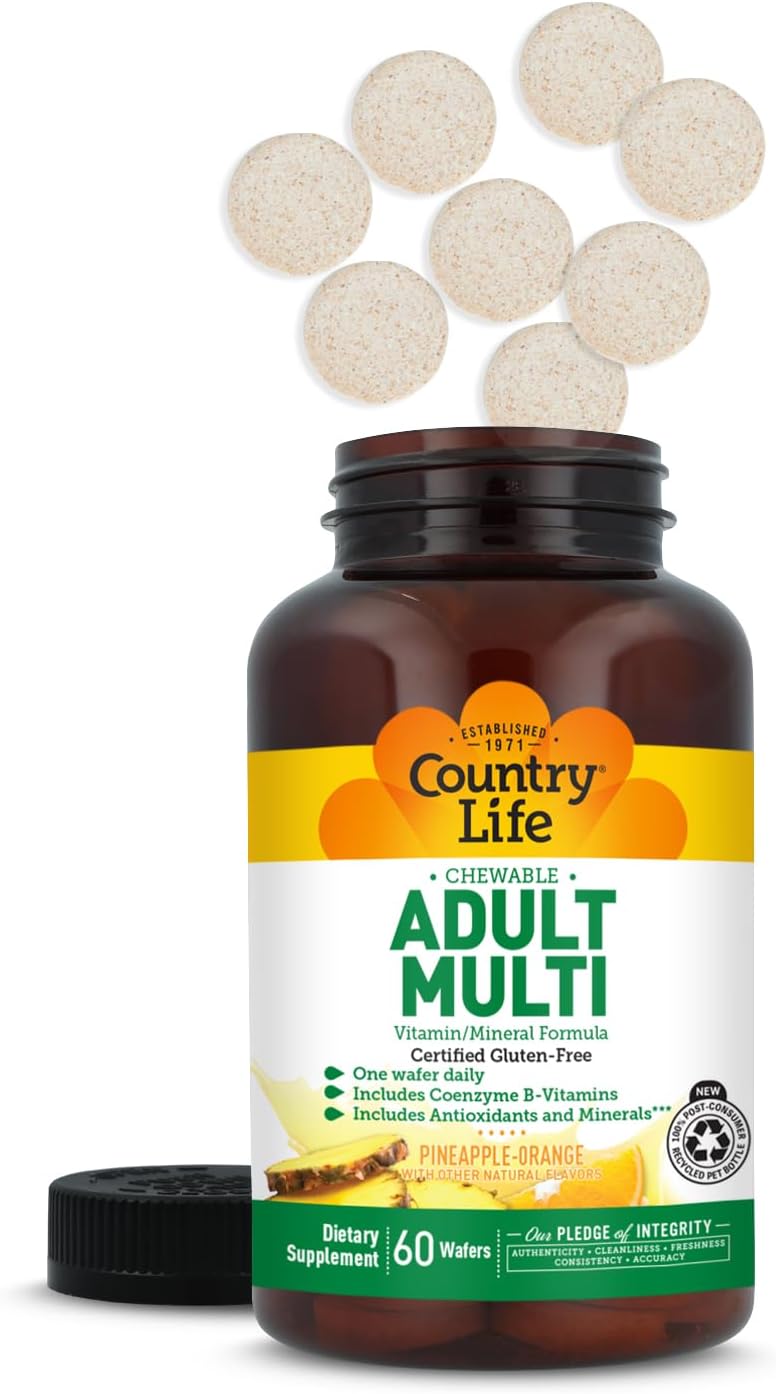 Country Life Adult Chewable Multivitamin with Coenzyme B-Vitamins, Antioxidants, Minerals, Pineapple-Orange Flavor - Supports Energy Metabolism and Immune Health, Gluten Free - 60 Wafers