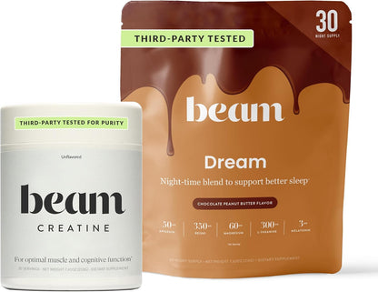 Beam Dream Sleep Powder & Creatine Bundle, Third Party Tested Natural Sleep Aid & Recovery Supplement with Micronized Creatine Monohydrate, Unflavored Pure Creatine Powder for Muscle Strength, Energy