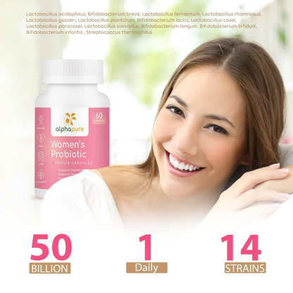 Alphapure Women's Probiotics 60 Veggie Capsules with Prebiotics - 50 Billion CFUs