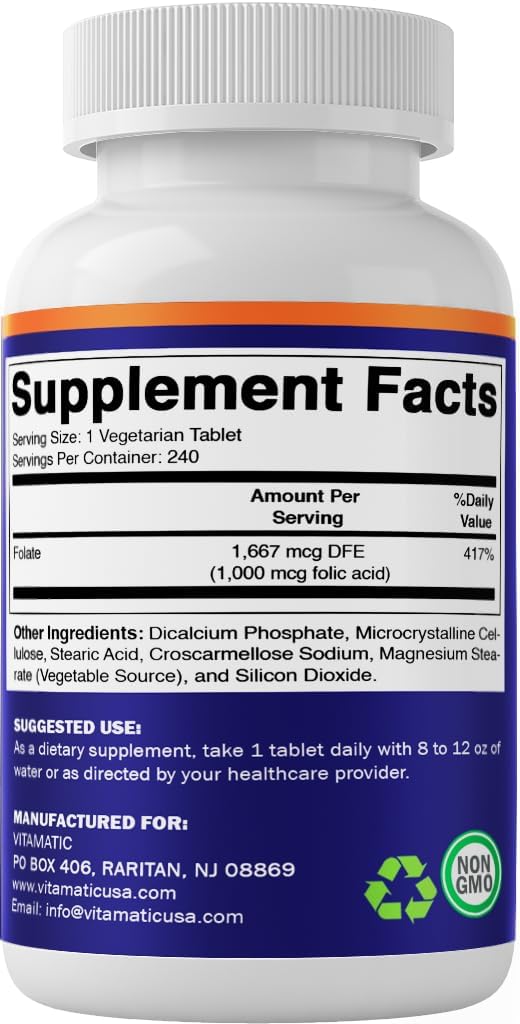 Vitamatic Folic Acid 1000 mcg (1 mg), 240 Vegetarian Tablets | Vitamin B9 | 1667 mcg DFE Folate, Support Healthy Cell Growth*, Red Blood Cell Formation*, Gluten Free, Non-GMO, Made in USA