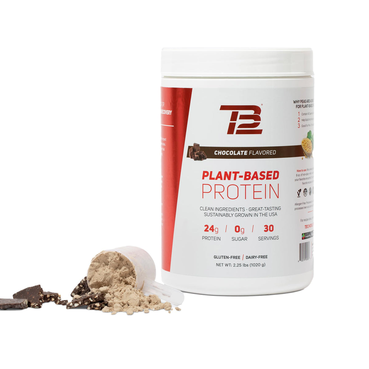 TB12 Plant Based Protein Powder by Tom Brady, 24g of Vegan Pea Protein, Low Sugar