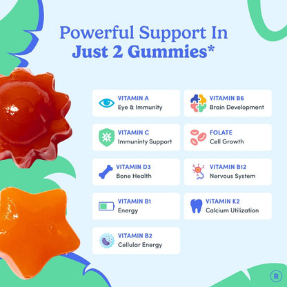 FIRST DAY Kids Multivitamin Gummies Age 4+, Strawberry & Orange - Kids Vitamins Multivitamin Gummy A C D3 K2 B1 B2 B6 B12 Folate, Immunity & Brain Function, Vegan - 30 Day Supply, Packaging May Vary