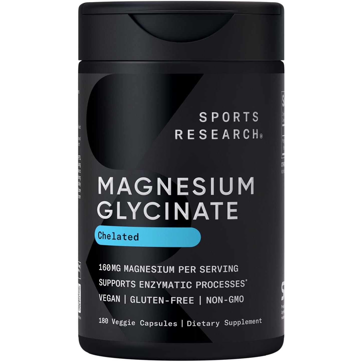 Sports Research® Magnesium Glycinate - Supports Restful Sleep & Enzymatic Processes - 160 mg Chelated Magnesium - Vegan Capsule - 90 Count