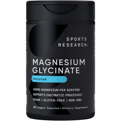 Sports Research® Magnesium Glycinate - Supports Restful Sleep & Enzymatic Processes - 160 mg Chelated Magnesium - Vegan Capsule - 90 Count