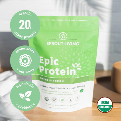 Sprout Living Epic Protein Bundle - Vanilla Lucuma & Green Kingdom (20g Organic Plant-Based Protein Powder, Vegan, Gluten Free, Superfoods) | 1lb, 12 Servings