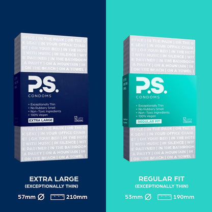 PS Condoms Exceptionally Thin Latex Condoms, Clean & Odorless, 12 Pack | Individually tested, 0.045 mm natural rubber, 40% thinner, lubricated, vegan, and free of PFAS, gluten, glycerin and parabens