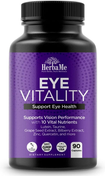 HerbaMe Eye Vitamins Supplement with Lutein, Bilberry, Beta Carotene, L-Taurine, Zinc and Quercetin, 90 Capsules, Supports Vision, Ocular and Macular Health, Helps Eyes Filter Blue Light