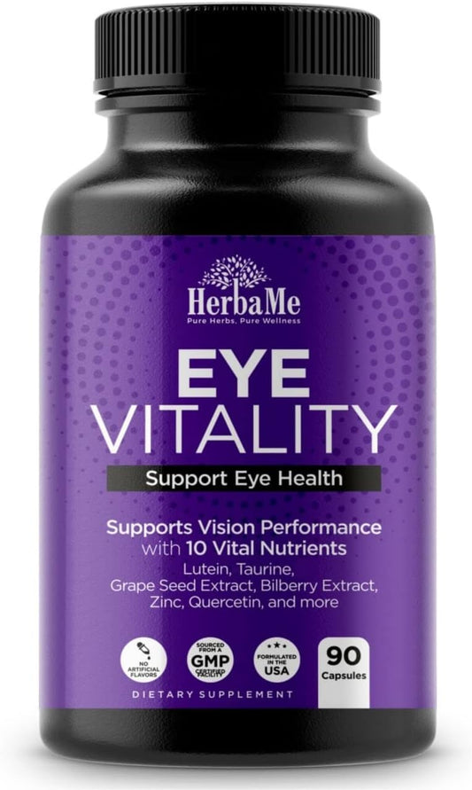HerbaMe Eye Vitamins Supplement with Lutein, Bilberry, Beta Carotene, L-Taurine, Zinc and Quercetin, 90 Capsules, Supports Vision, Ocular and Macular Health, Helps Eyes Filter Blue Light