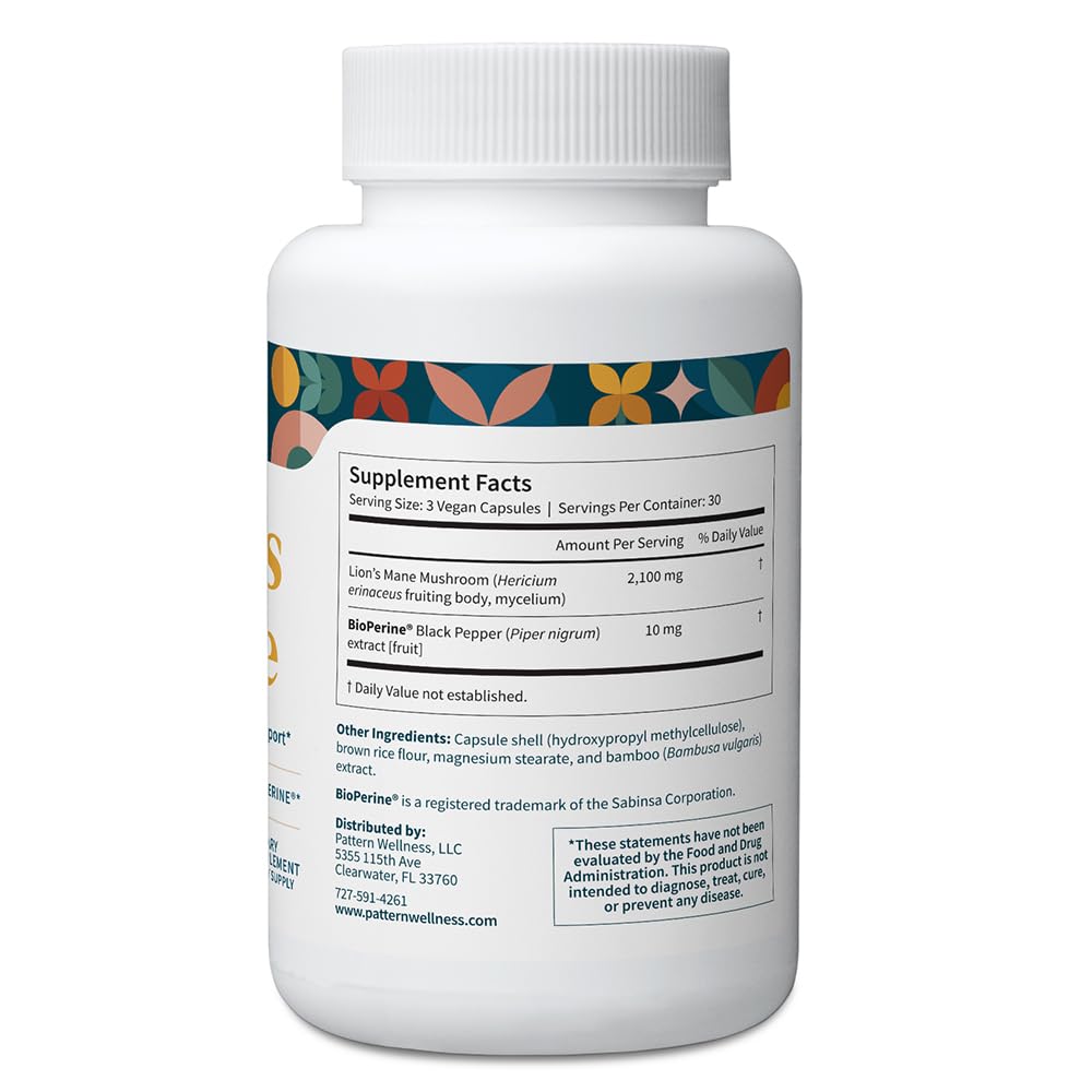 Pattern Wellness Lion’s Mane Mushroom Supplement – 90 Vegan Capsules | Supplement Capsules for Cognitive & Focus Support – Enhanced Absorption