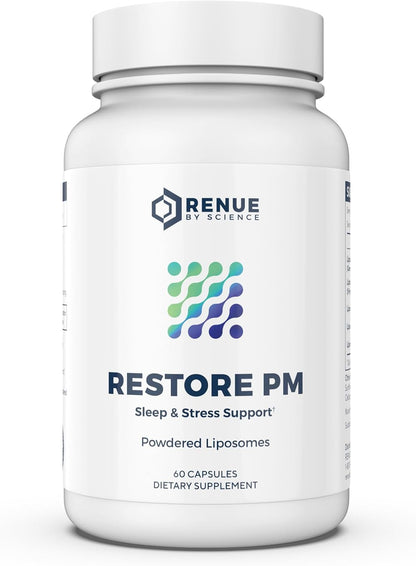 Renue By Science Restore PM | Liposomal Melatonin GABA Supplements | 60 Capsules with Melatonin (1mg) 5HTP (100mg) Glutathione (65mg) Apigenin (75mg) GABA (150mg) - Non-GMO | Made in the USA