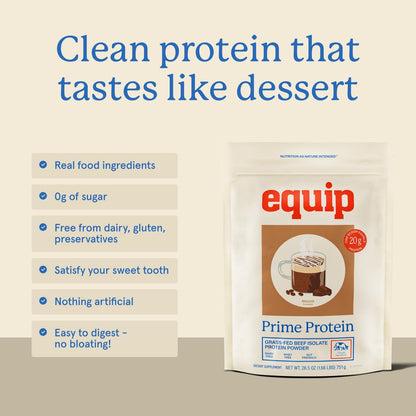 Equip Prime Mocha Protein Powder - Gut-Friendly, No Sugar Protein Shake Powder with Grass-Fed Beef & Natural Collagen - Rich & Creamy Mix - 21g Per Serving - Whey & Dairy-Free (30 Scoops)