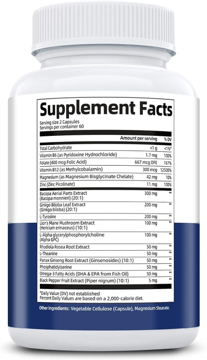 Brain Supplements for Memory & Focus - Nootropic with Bacopa Monnieri, Lion's Mane, Alpha GPC, Phosphatidylserine | Supports Mental Clarity & Cognitive Function | Vitamin B6 & B12-120 Capsules