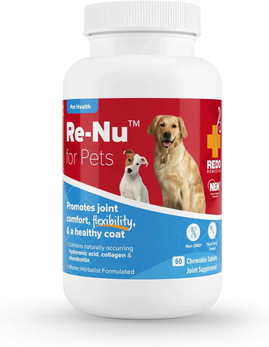 Redd Remedies, RE-NU for Pets, Joint Pain Relief Support for Dogs with Glucosamine, Chondroitin, and Collagen from NEM, Calcium and Brewer’s Yeast, Made in The USA, 60 Chewable Tablets