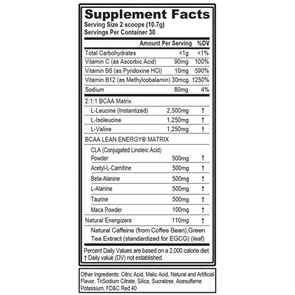 EVL BCAA Lean Energy Powder - Pre Workout Green Tea Fat Burner Support with BCAAs Amino Acids and Clean Energizers - Post Workout Recovery Drink for Lean Muscle Recovery - Cherry Limeade