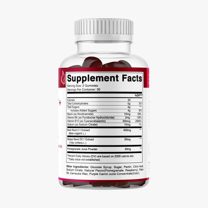 Vitamatic Beet Root Gummies with B6, B12, Grape Seed, Pomegranate & Nicotinamide – Plant-Based Extract – Vegan, Non-GMO – Botanical Supplement Gummies – 60 Count