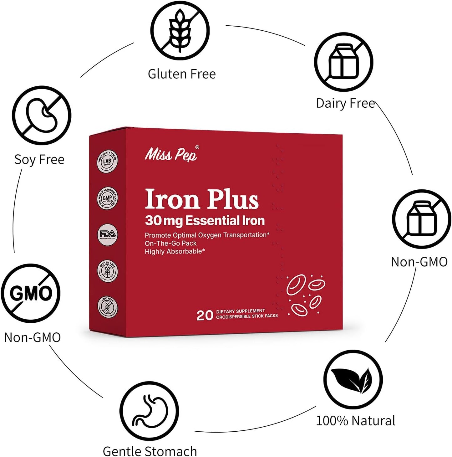 Iron Supplement, 30 Mg Iron Supplement for Women and Men, Promotes Red Blood Cell Production, Supports Iron Deficiency in Adults, 20 Ready-to-Drink Powder Sachets