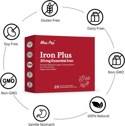 Iron Supplement, 30 Mg Iron Supplement for Women and Men, Promotes Red Blood Cell Production, Supports Iron Deficiency in Adults, 20 Ready-to-Drink Powder Sachets