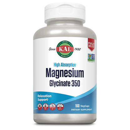 KAL Magnesium Glycinate, New & Improved Fully Chelated High Absorption Formula with BioPerine, Bisglycinate Chelate for Stress, Relaxation, Muscle & Bone Health Support, 60 Servings, 240 VegCaps