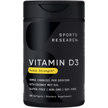 Sports Research Vitamin D3 5000 IU with Coconut MCT Oil - High Potency Vitamin D Supplement for Immune & Bone Support - Non-GMO Verified, Gluten & Soy Free – 125mcg, 360 Liquid Softgels