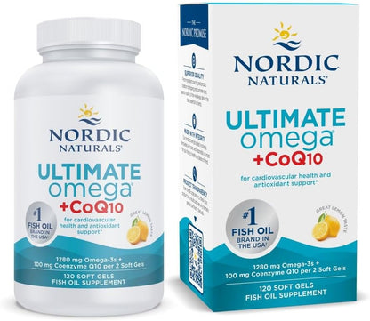 Nordic Naturals Ultimate Omega + CoQ10, Lemon Flavor - 120 Count | 1280mg Omega-3 + 100mg CoQ10 for heart health & cellular energy. Antioxidant. Non-GMO soft gels. 60 servings.