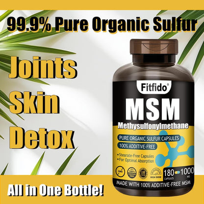MSM Capsules 1000mg, 99.9% Pure Organic Sulfur, 180 Count | Joint Support, Hair Skin & Nails, Stearate-Free, No Fillers, Daily Wellness, Third-Party Tested, Non-GMO, Gluten Free