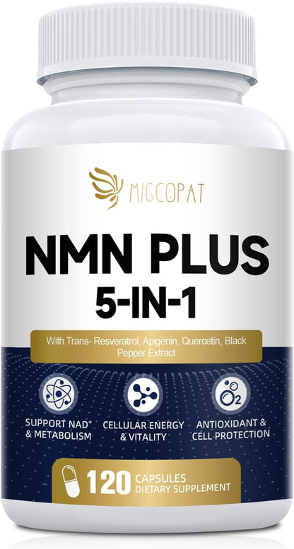 Migcopat NMN Supplement 1000mg – NMNH Alternative 5-in-1 NAD Supplement w/Resveratrol, Apigenin, Quercetin & Black Pepper – Supports Cellular Energy, Healthy Aging & Longevity – 120 Veggie Capsules