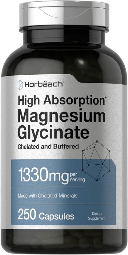 Horbaach Magnesium Glycinate 1330mg | 250 Capsules | Buffered with Chelated Minerals | 240 mg per Serving | Non-GMO, Gluten Free Supplement