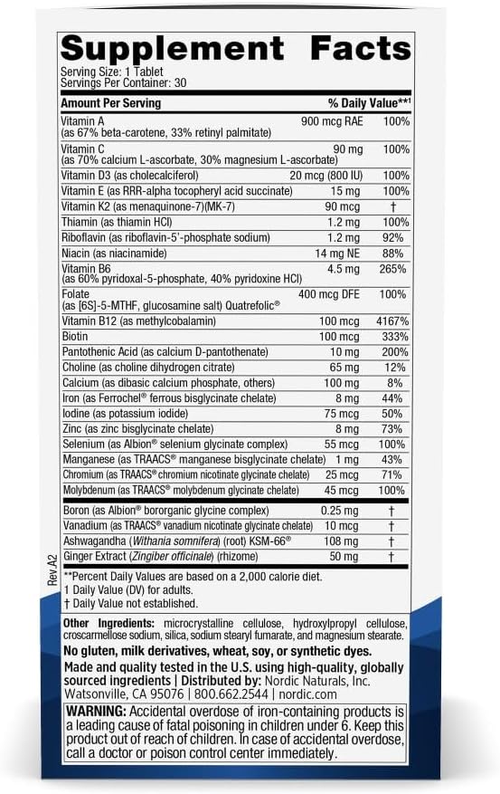 Nordic Naturals Women's Multivitamin One Daily, Energy, Hair & Skin Support | 20 Essential Nutrients for Skin, Hair, Energy & Bone Support. Immunity Supplement. One Daily Tablet. 30 Servings.