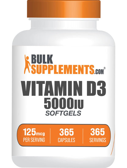 BulkSupplements.com Vitamin D3 5000IU Softgels - Cholecalciferol, D3 Supplement, Vitamin D 5000 IU - 1 Vitamin D3 Softgel (125mcg of Vitamin D) per Serving, 500 Count (Pack of 1)