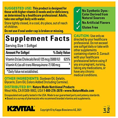 Nature Made Vitamin D3 K2, 5000 IU (125 mcg) Vitamin D, Dietary Supplement for Bone