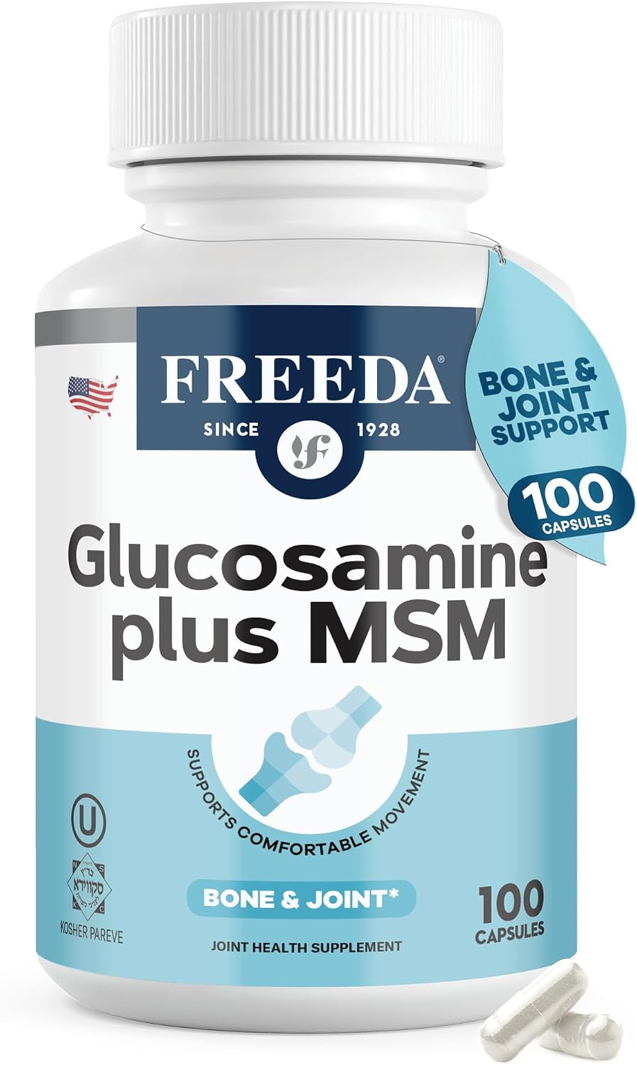 FREEDA Glucosamine 1500mg + MSM 750mg for Bone & Joint Support – 100ct | For Active Lifestyles – Supports Knees, Hips, Flexibility, & Mobility – Vegan, Kosher, Shellfish-Free, Made in USA