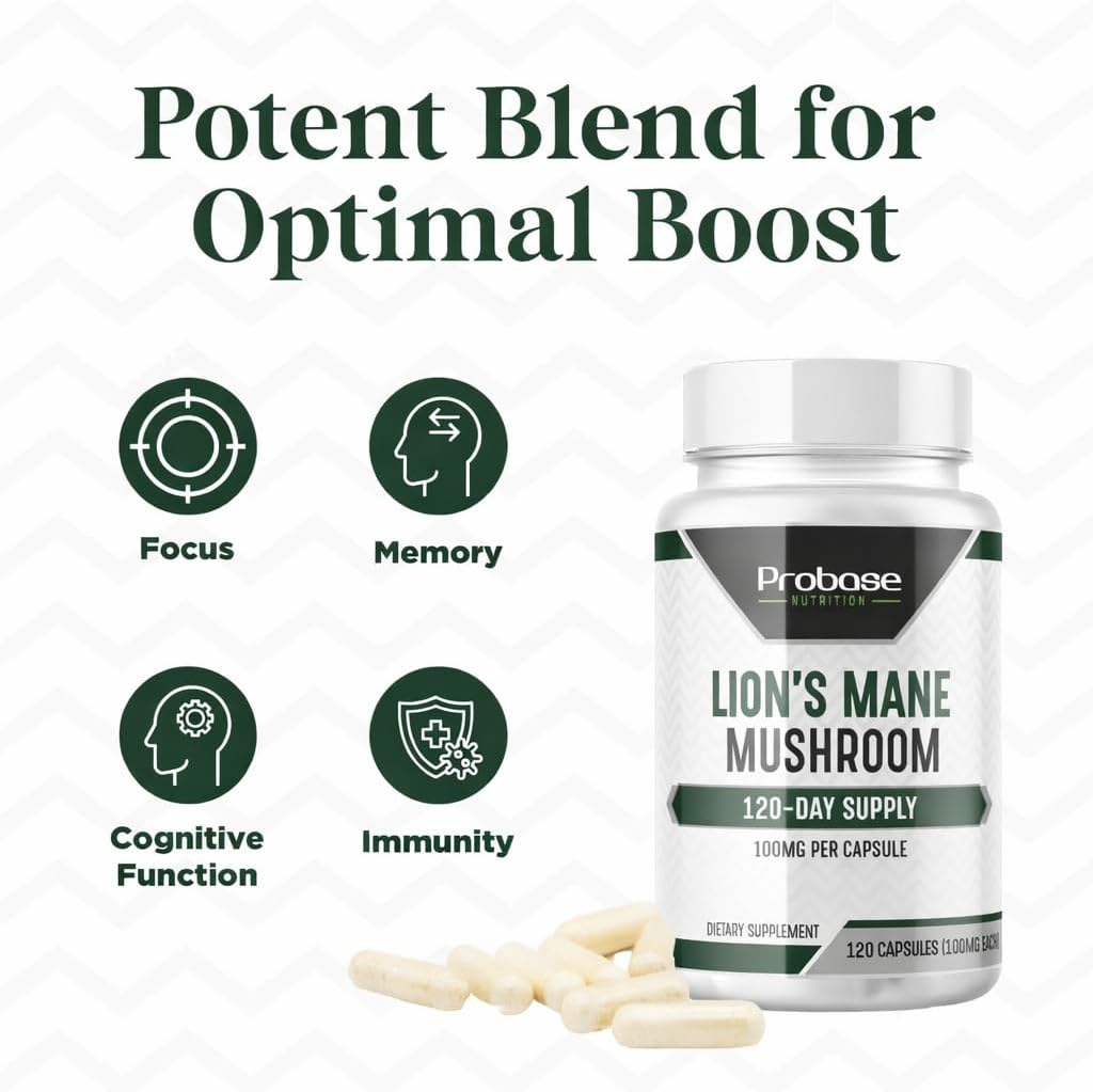 Probase Nutrition Lions Mane Mushroom Cognition | Brain Supplement, Brain Vitamins, Focus Supplement - 100mg per Capsule - 4 Month Supply 120 Count