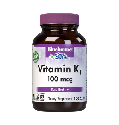 Bluebonnet Vitamin K1 100 mcg Supports Bone Health - Phylloquinone Crystalline Vitamin K Supplement - Non-GMO, Kosher Certified, Gluten-Free, Dairy-Free - 100 Vegan Caplets