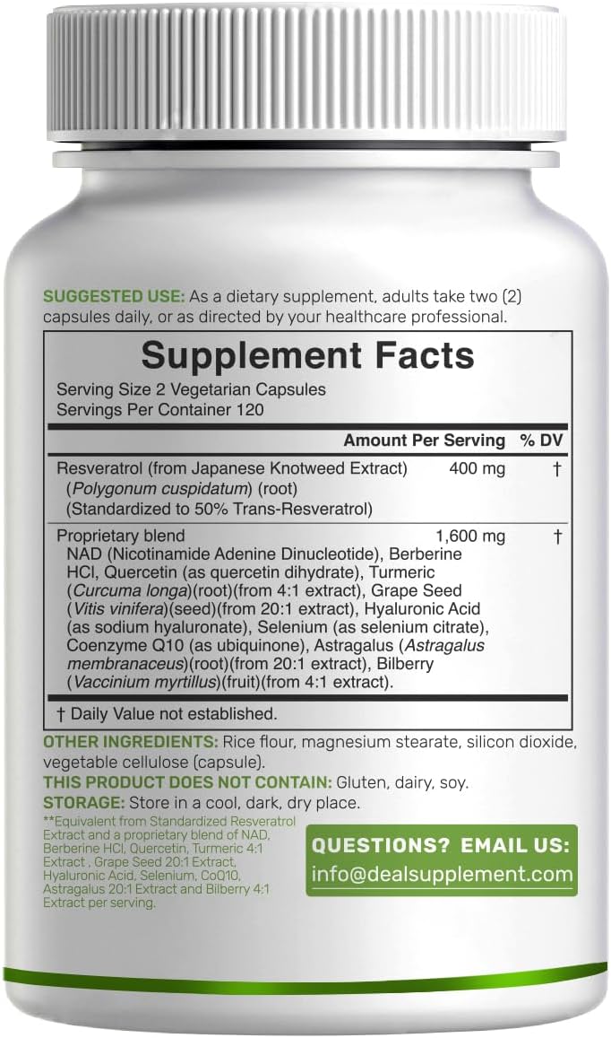 DEAL SUPPLEMENT Resveratrol Complex, 240 Veggie Capsules – Trans-Resveratrol Supplement with NAD, Quercetin, Turmeric, CoQ10, & More | Non-GMO, Gluten Free