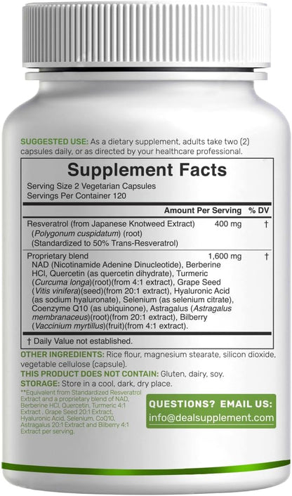 DEAL SUPPLEMENT Resveratrol Complex, 240 Veggie Capsules – Trans-Resveratrol Supplement with NAD, Quercetin, Turmeric, CoQ10, & More | Non-GMO, Gluten Free