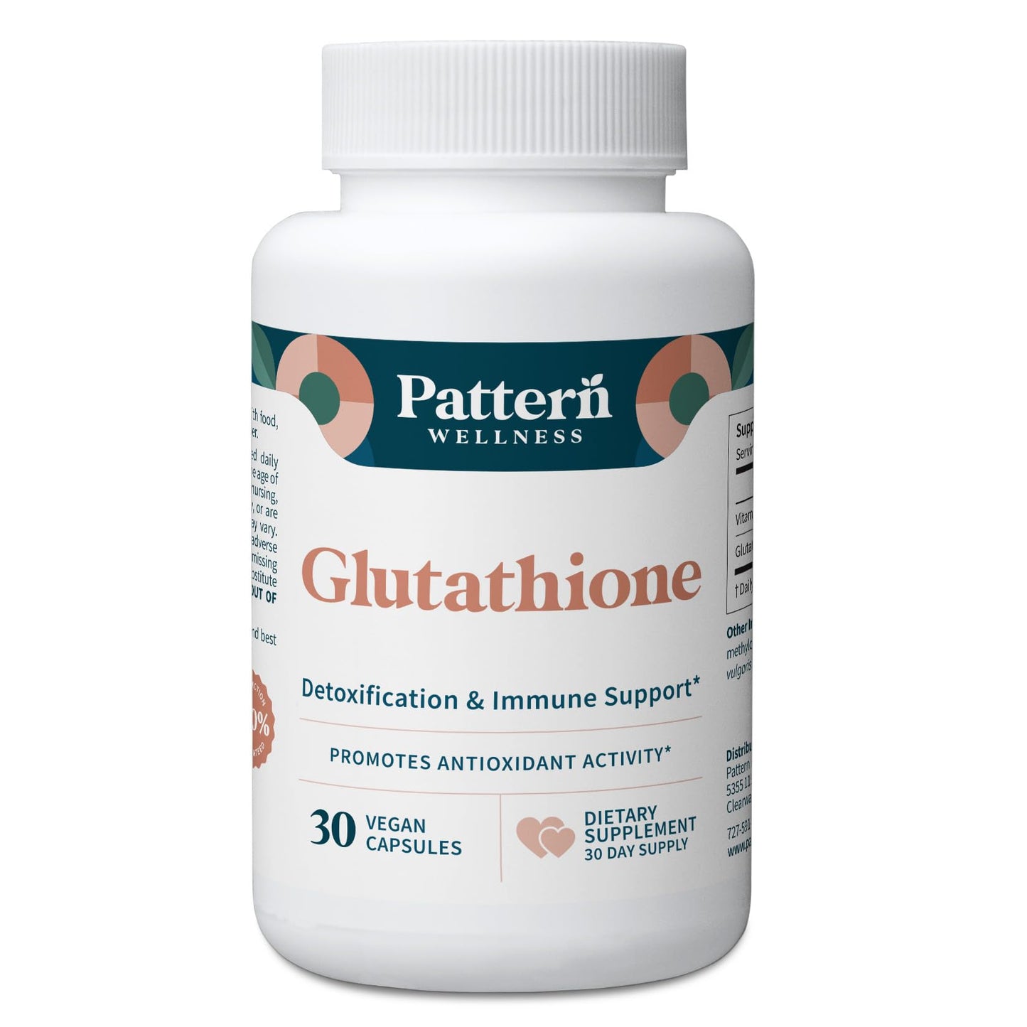 Pattern Wellness Glutathione Supplement - Active Reduced Glutathione Formula with Added Vitamin C - Cell, Antioxidant, + Immune Health Support - 30 Vegan Capsules