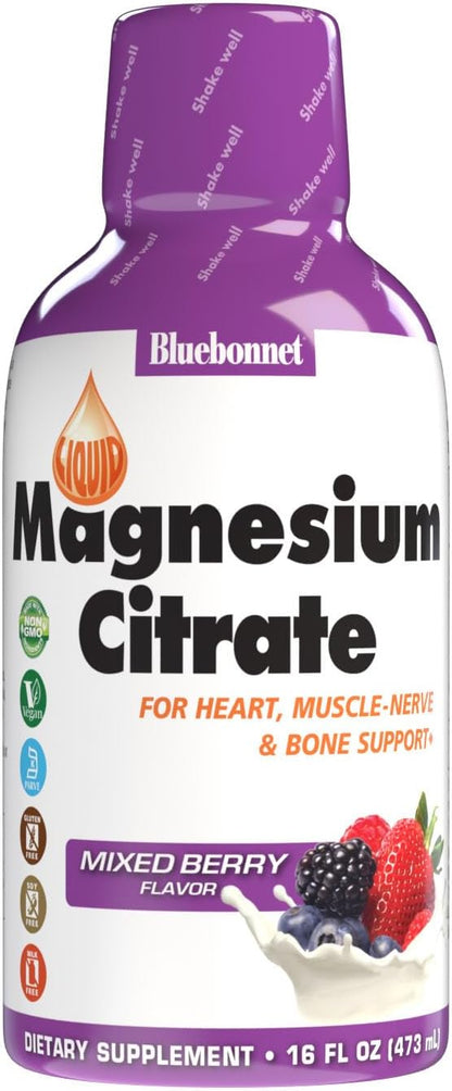 Bluebonnet Nutrition Magnesium Citrate 420 mg - Calm Mind & Body* – Supports Heart, Muscle & Sleep* - Non-GMO, Vegan, Kosher, Gluten-Free, Soy-Free, Milk-Free - 16 FL OZ, Mixed Berry Flavor