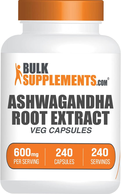 BulkSupplements.com Ashwagandha Extract Capsules - Ashwagandha Extract, Herbal Supplement - Vegan & Gluten Free, 1 Capsule per Serving, 240 Count (Pack of 1)