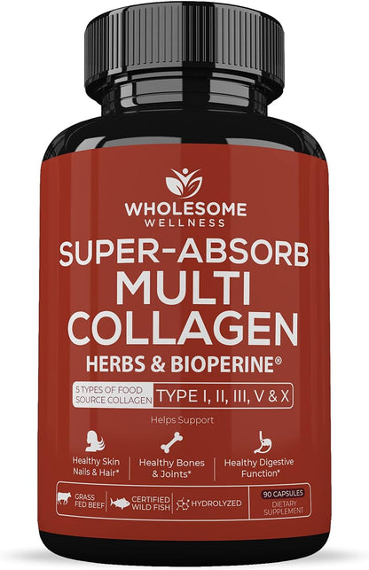 Wholesome Wellness Digestive Enzymes 1000MG Plus Prebiotics & Probiotics Supplement + Super-Absorb Multi Collagen Pills (Type I II III V X) Organic Herbs and Bioperine Bundle
